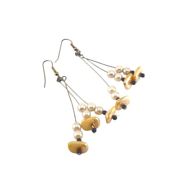Handcrafted Dangle Earrings With Faux Pearls & Shell Accents - Picture 3 of 7